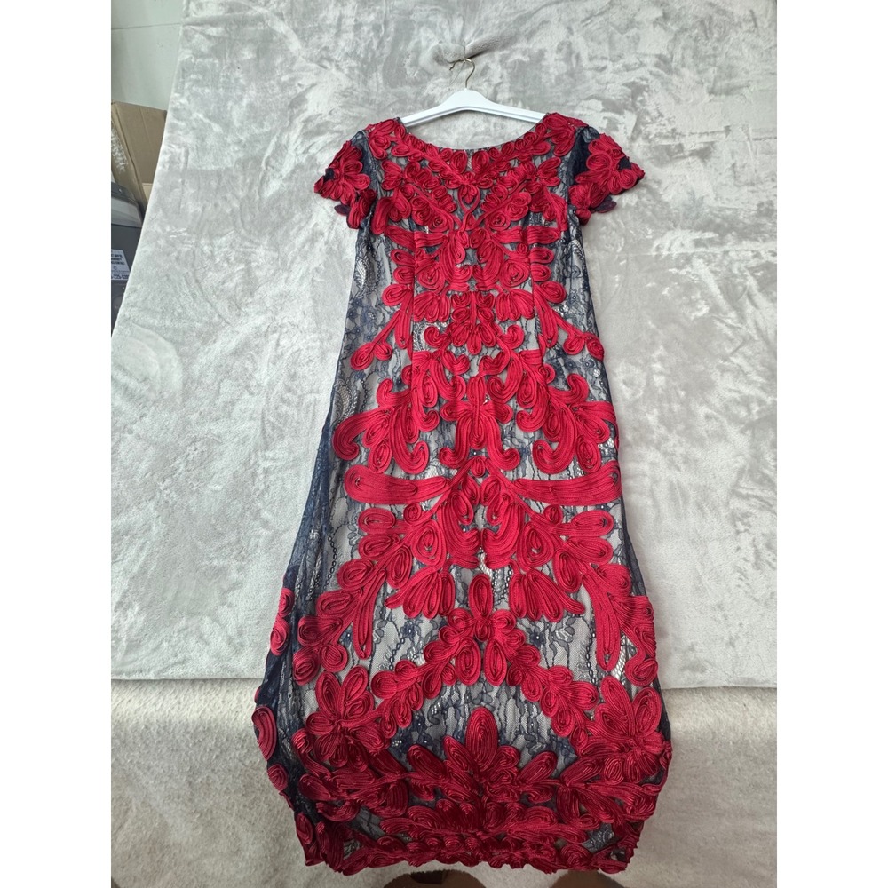 JS Collections Red Soutache Navy Lace Sheath Dress Size 8 Short Sleeve Formal